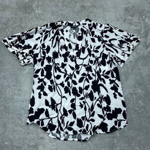 Well Worn Black & White Floral Print V-Neck Short Sleeve Blouse M d0557